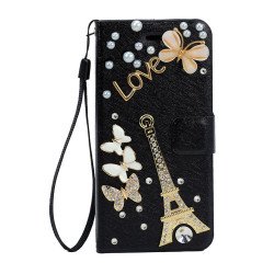 Galaxy S6 Crystal Flip Leather Wallet Case with Strap (Eiffel Tower Black)